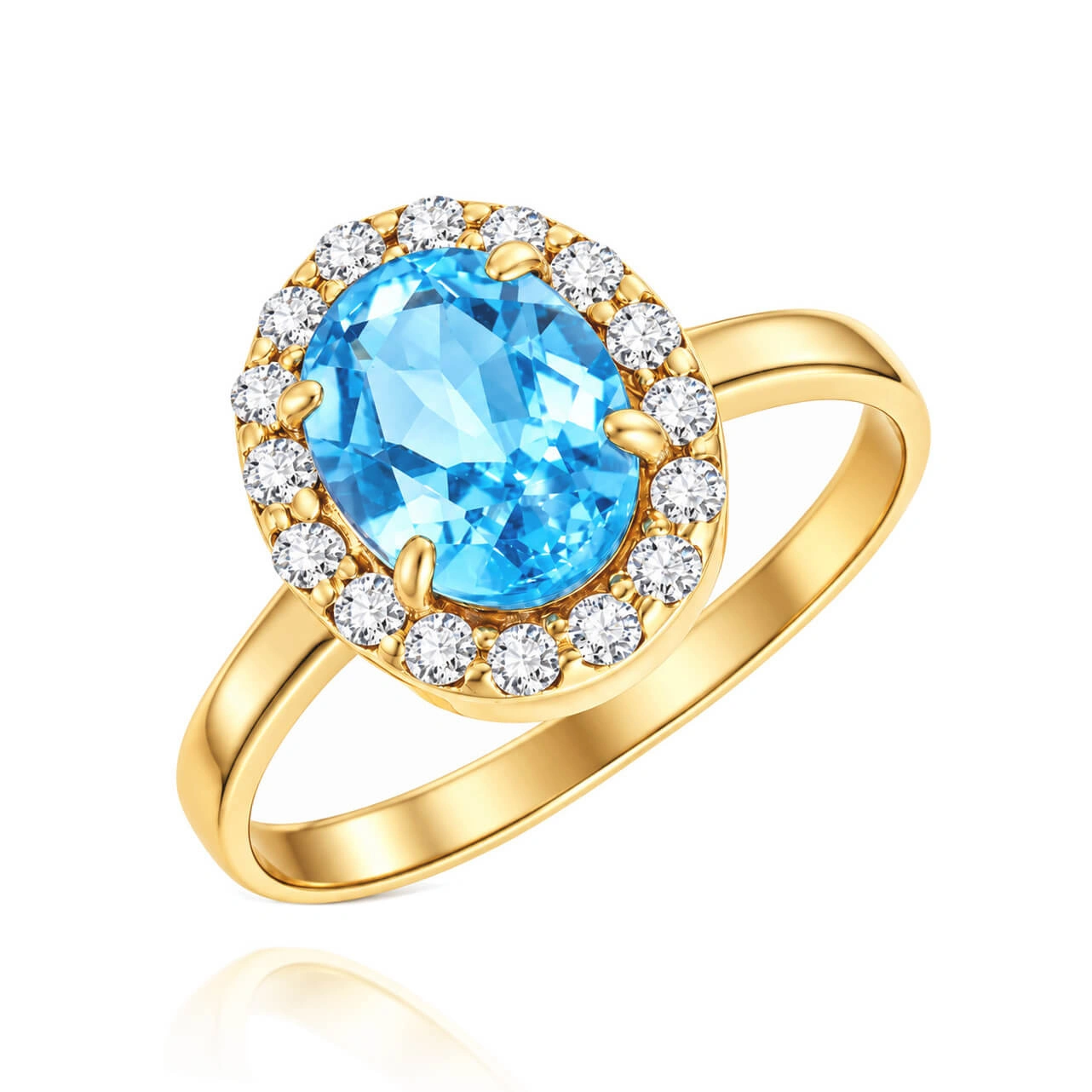 Złoty pierścionek owalny 585 topaz 2,10-2,40 ct diamenty 0,325 ct