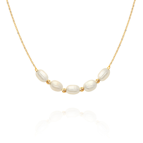 Złoty naszyjnik 585 choker z perłami naturalnymi ryż i kuleczkami 40-42 cm