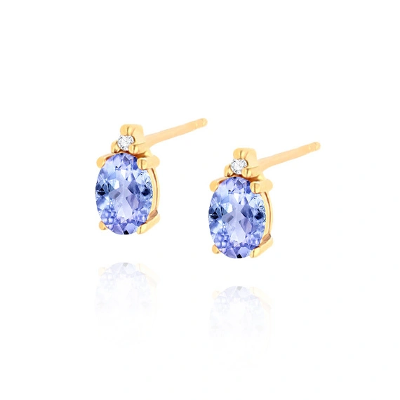 Złote kolczyki 585 owalne tanzanity 1,35 ct diamenty 0,015 ct na sztyft