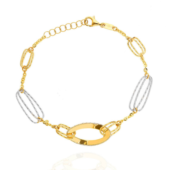 Złota bransoletka damska koła agrafki 585 białe i żółte złoto 17-19 cm