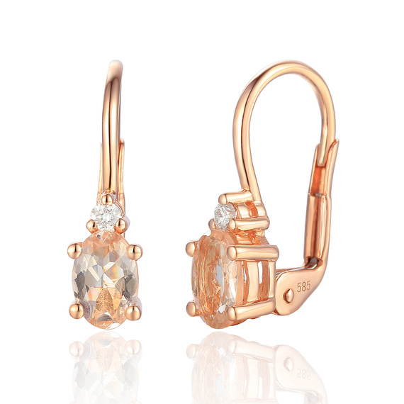 Złote kolczyki 585 łezki morganity 0,87 ct diamenty 0,06 ct różowe złoto  