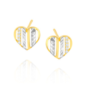 Złote kolczyki 585 serca cyrkonie białe i żółte złoto na sztyft
