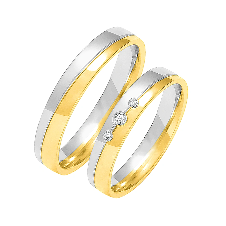 Obrączki ślubne para: białe i żółte złoto 585, diamenty, 4 mm