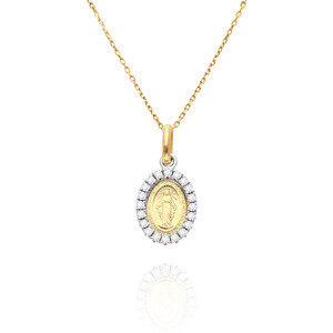 Złota zawieszka 585 Cudowny Medalik Maryja z cyrkoniami Chrzest Komunia 
