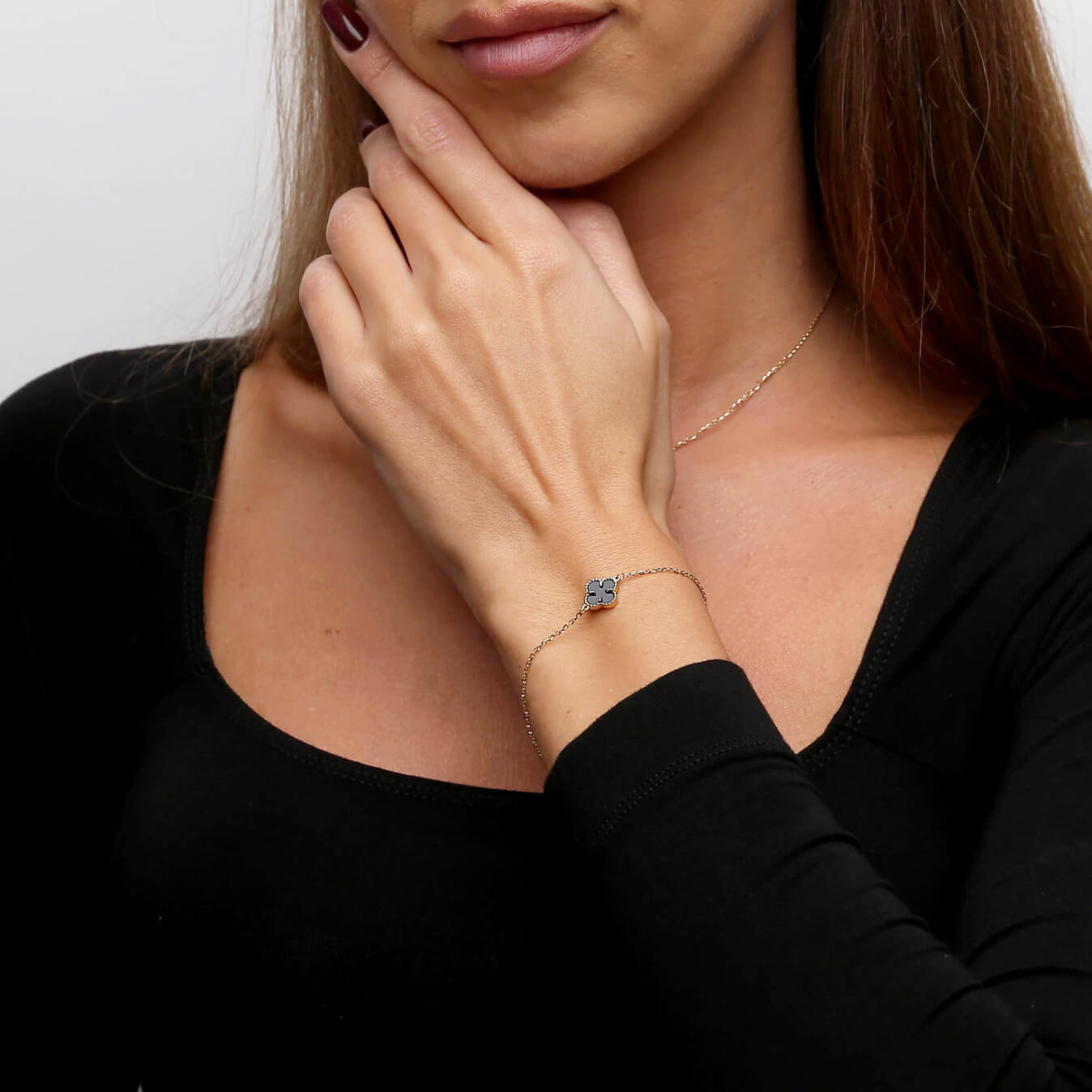 Złota bransoletka koniczyna 585 koniczynka kwiatek czarny onyks naturalny