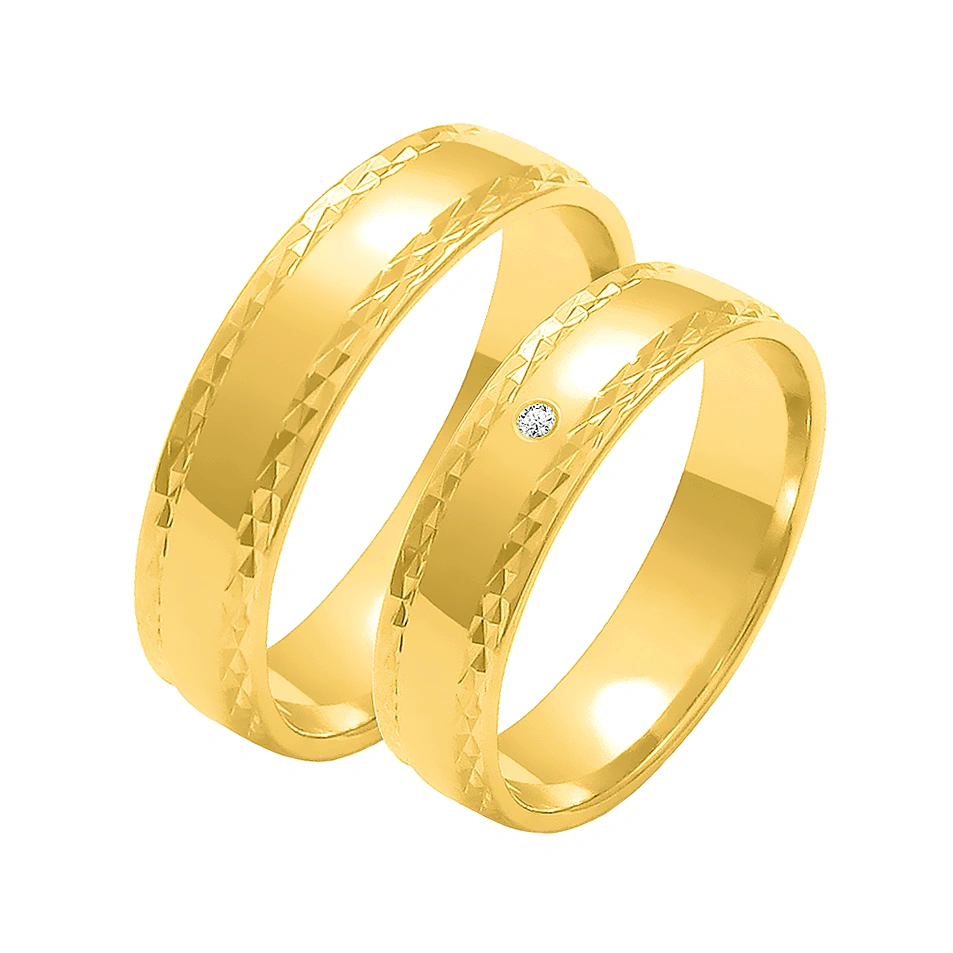 Obrączki ślubne para: złoto 585, diament, diamentowane przy krawędziach, 5 mm