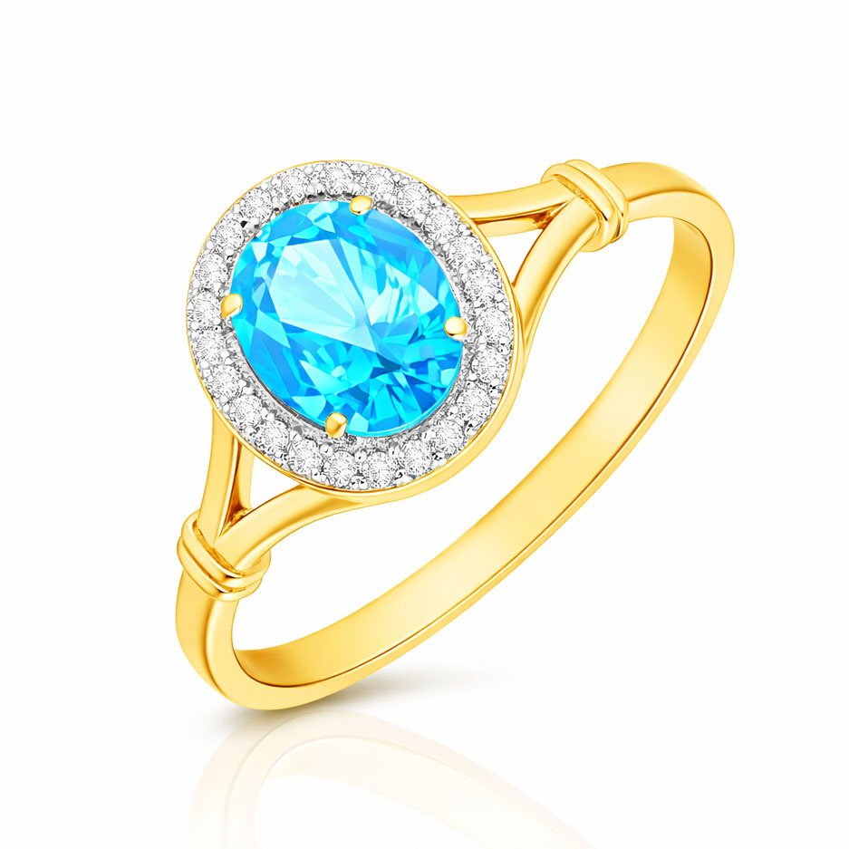 Złoty pierścionek z topazem 585 owalny swiss topaz diamenty naokoło