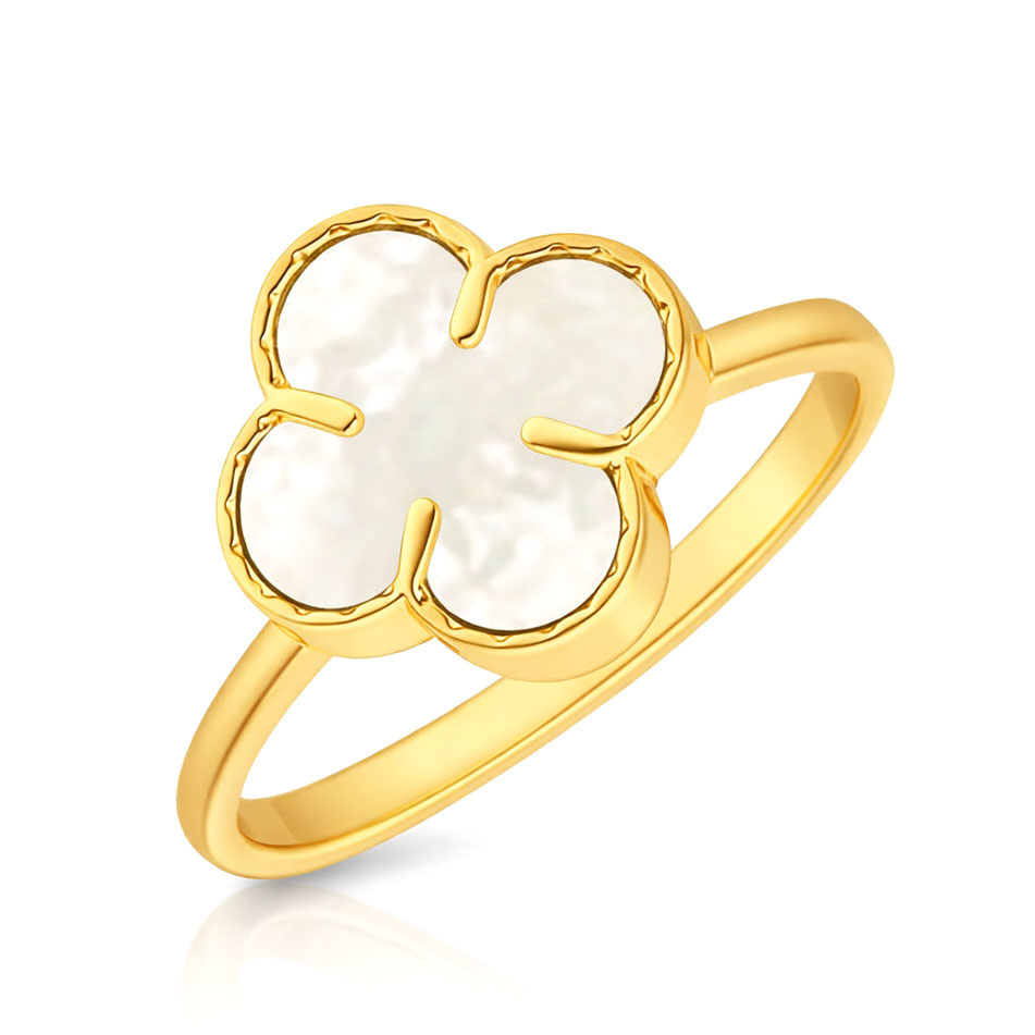 Złoty pierścionek 585 duża koniczynka kwiatek masa perłowa naturalna