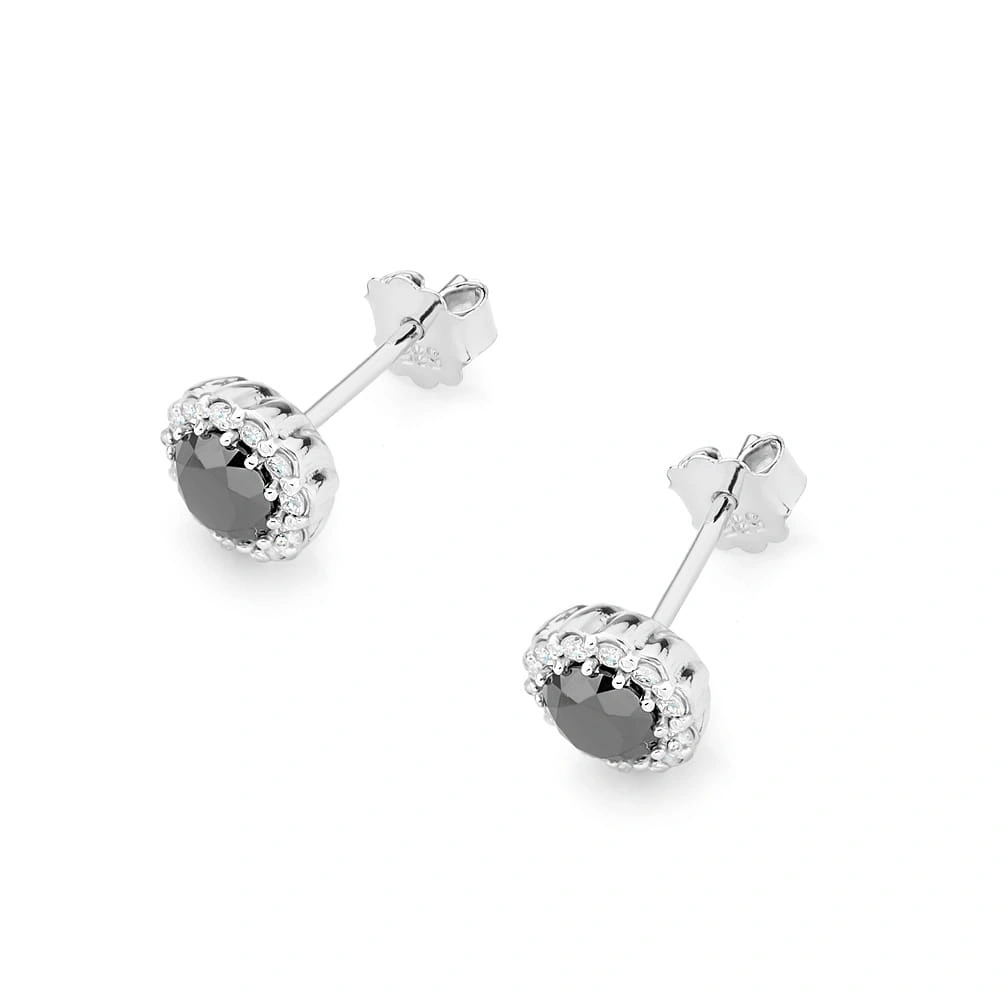 Złote kolczyki z dużym czarnym diamentem 585 białe złoto czarny brylant 0,50 ct brylanty 0,10 ct sztyft