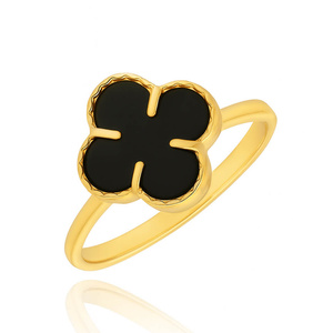 Złoty pierścionek 585 duża koniczynka kwiatek czarny onyks