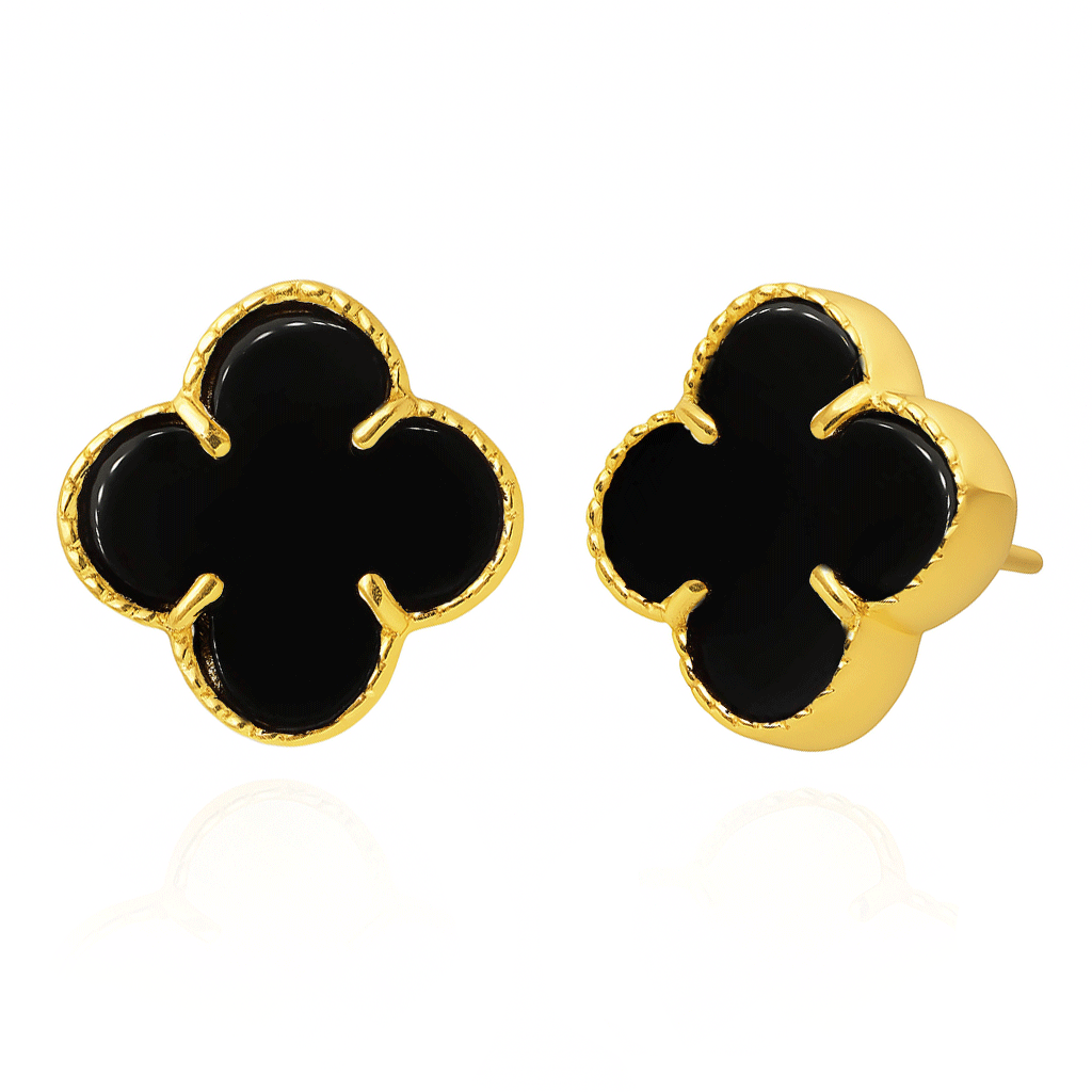 Złote kolczyki duże koniczynki z onyksem 585 kwiatki koniczynki naturalny onyks czarne na sztyft
