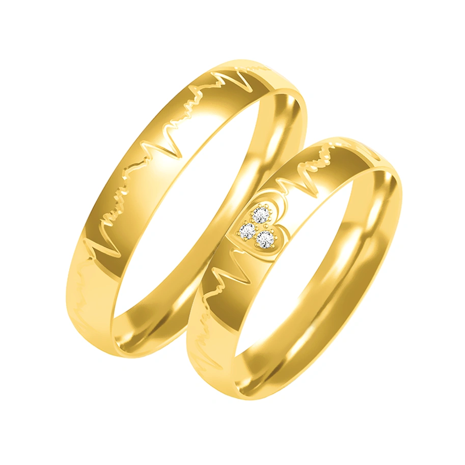 Obrączki ślubne para: złoto 585, diamenty, serce, linia życia, 4 mm