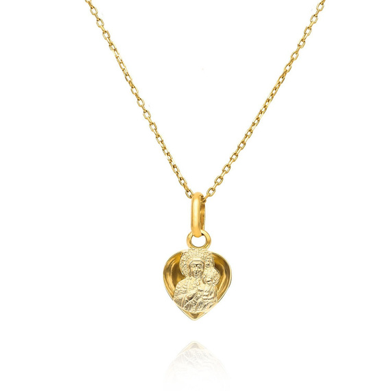 Złoty medalik serce 585 Matka Boska Częstochowska w sercu Jezus Komunia Chrzest 1,6 cm