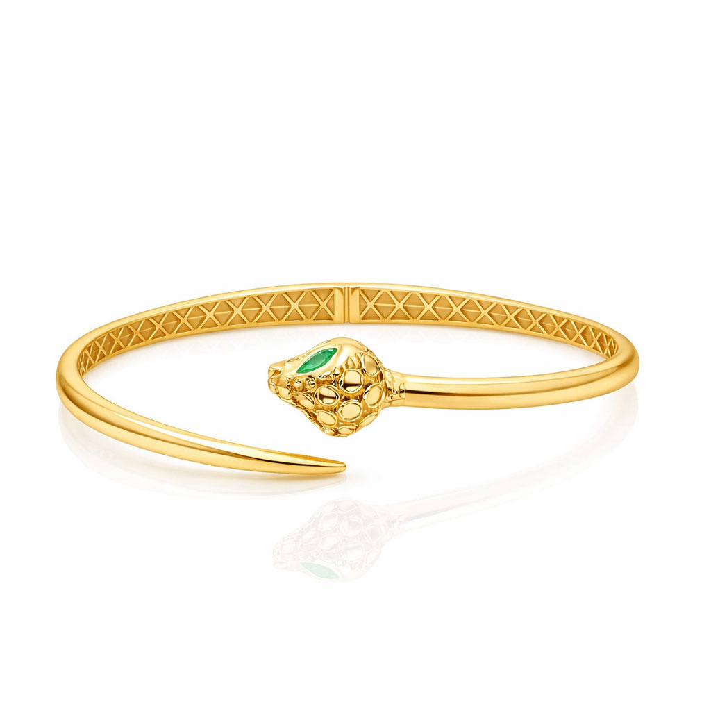 Złota bransoletka sztywna żmija bangle 585 gładka półotwarta diamentowana wąż zielone cyrkonie serpent