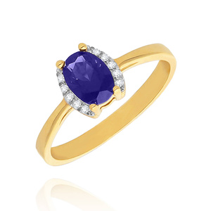 Pierścionek złoty 585 z centralną granatową cyrkonią i mniejszymi po bokach