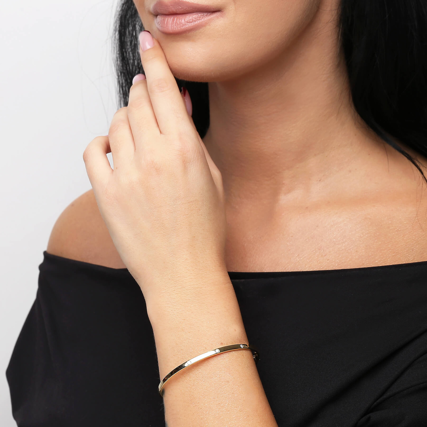 Złota bransoletka bangle 585 sztywna cyrkonie gładka na zatrzask