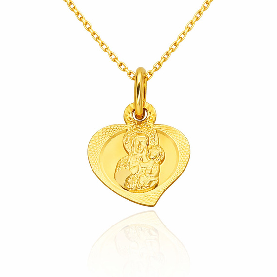 Złota zawieszka medalik 585 serce diamentowane Matka Boska Częstochowska z dzieciątkiem Jezus Grawer