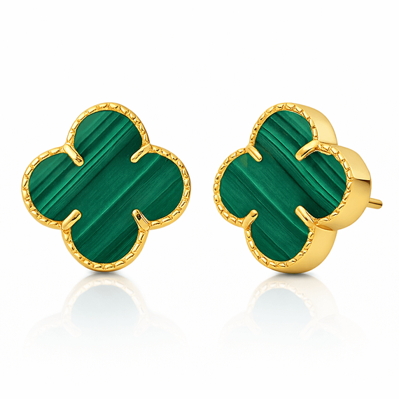 Złote kolczyki duże koniczynki z malachitem 585 kwiatki koniczynki malachit naturalny na sztyft 