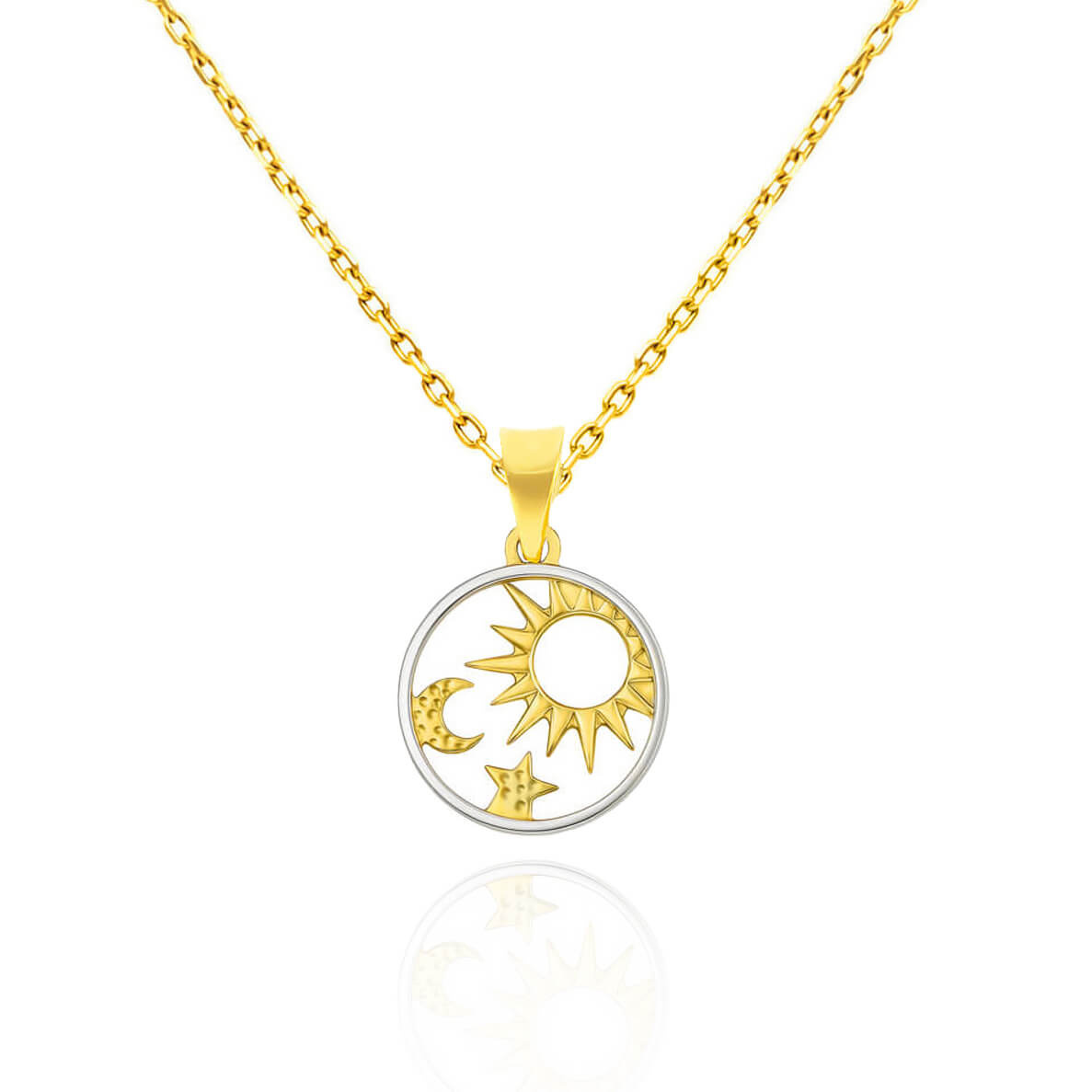 Złota zawieszka 585 słońce księżyc gwiazda w kole białe i żółte złoto