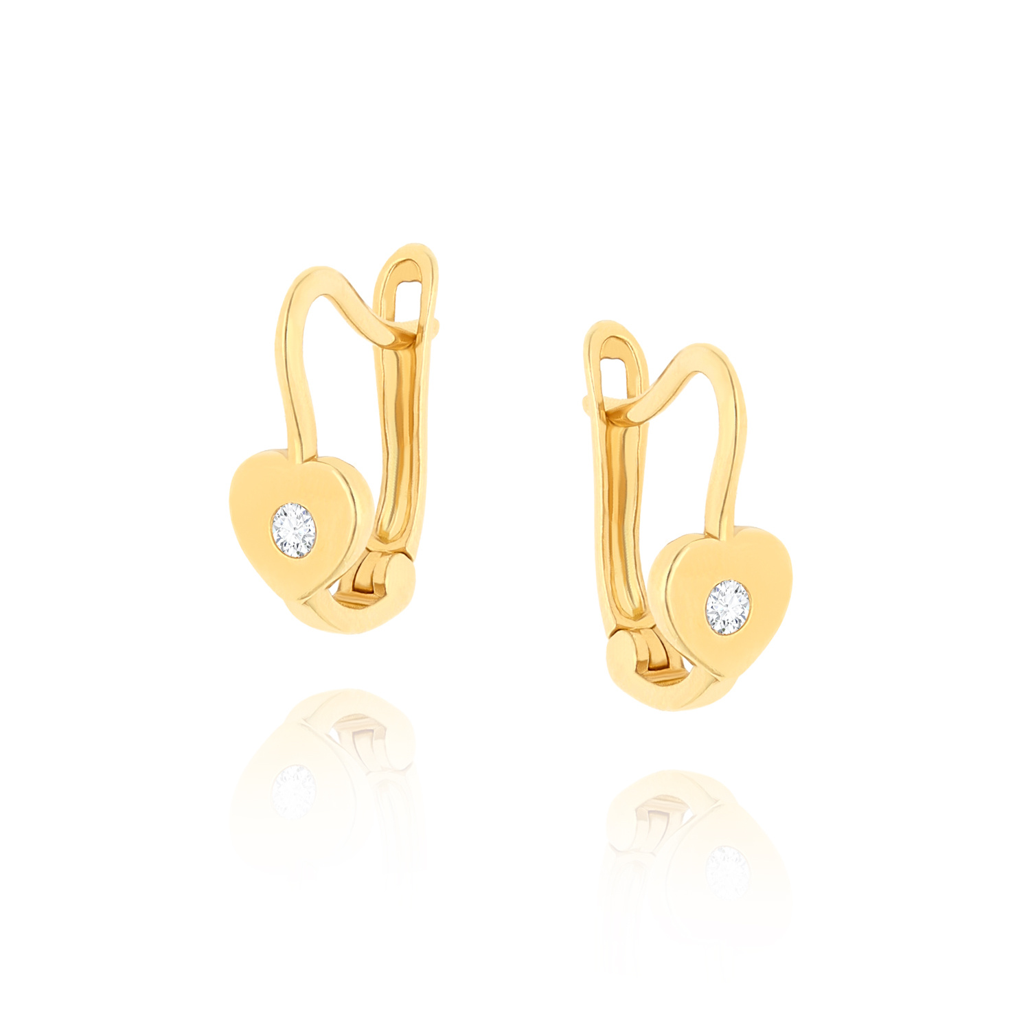 Złote kolczyki serca 585 cyrkonie gładkie wiszące zapięcie angielskie dla dziewczynki