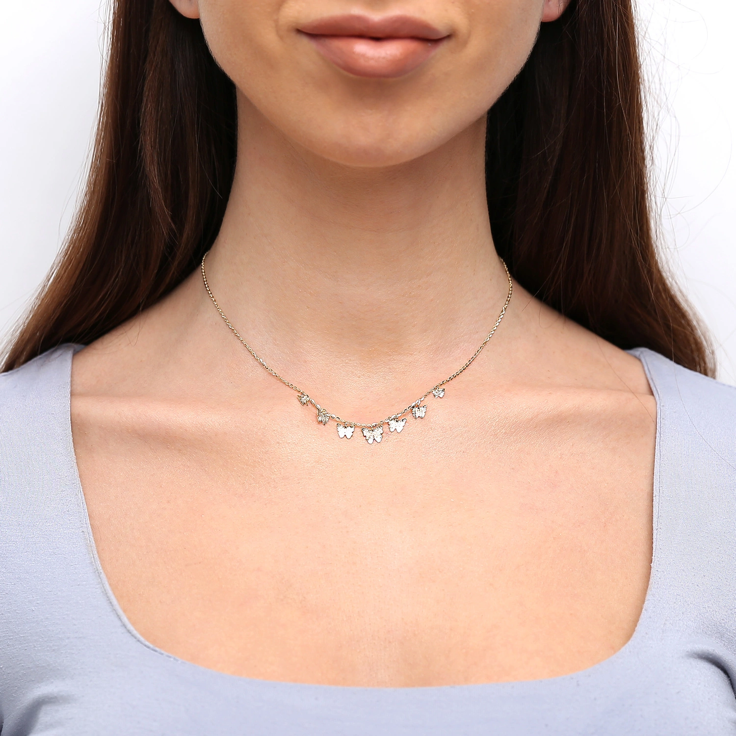 Złoty naszyjnik 585 choker diamentowane motylki łańcuszek ankier