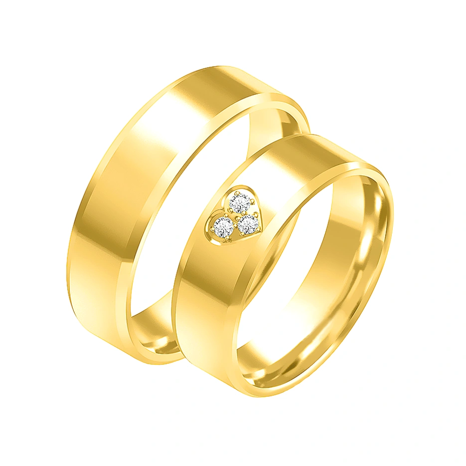 Obrączki ślubne para: złoto 585, fazowane, serce, diamenty, 6 mm