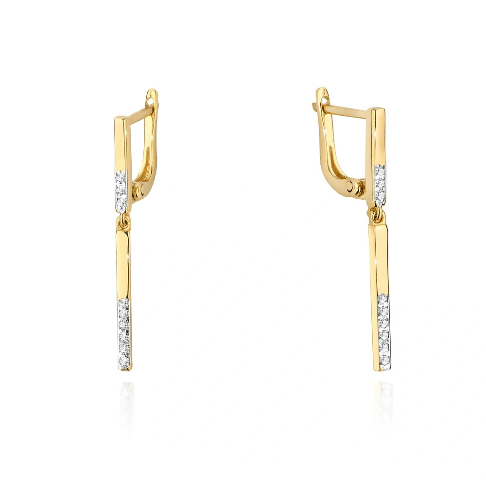 Złote kolczyki 585 wiszące przecinki diamenty 0,08 ct