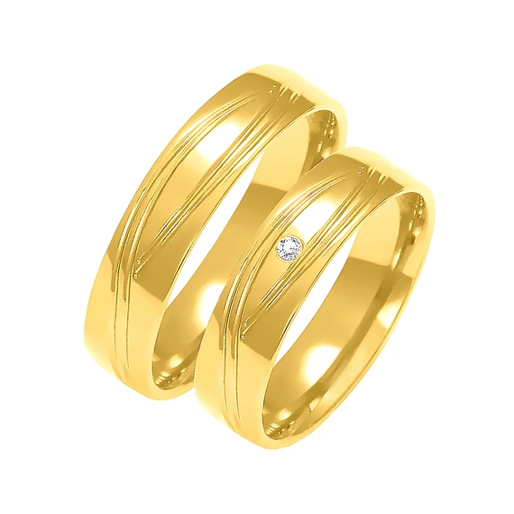 Obrączka ślubna damska: złoto 585, tłoczenie, diament, płaska, 5 mm