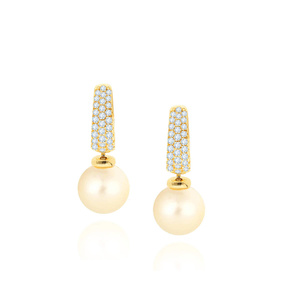 Złote kolczyki perły 585 z cyrkoniami wiszące angielskie zatrzask
