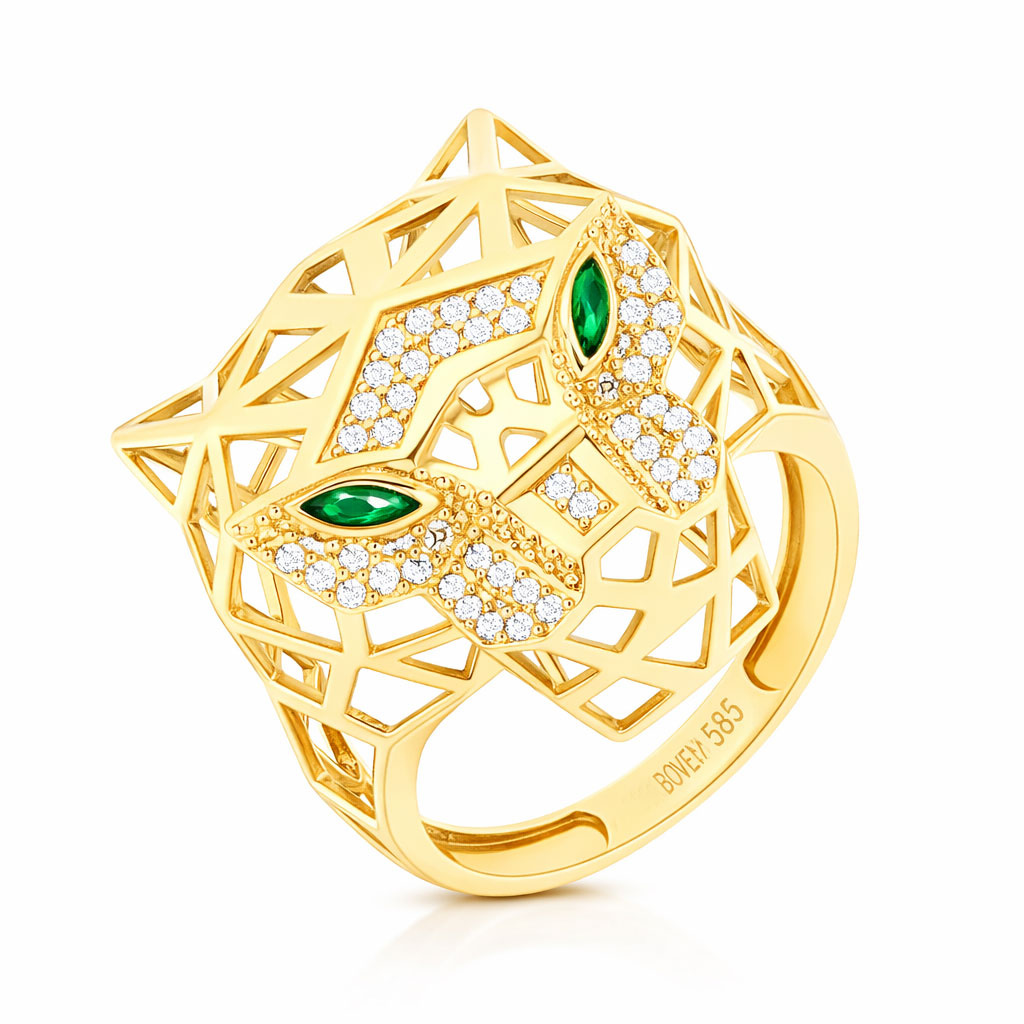 Złoty pierścionek 585 tygrys gepard lampart cyrkonie