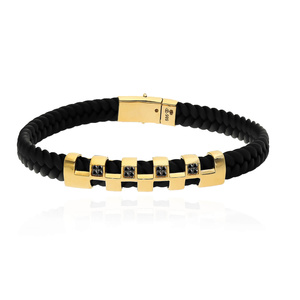 Złota bransoletka męska 585 z czarnymi cyrkoniami kratka warkocz 21 cm Grawer 