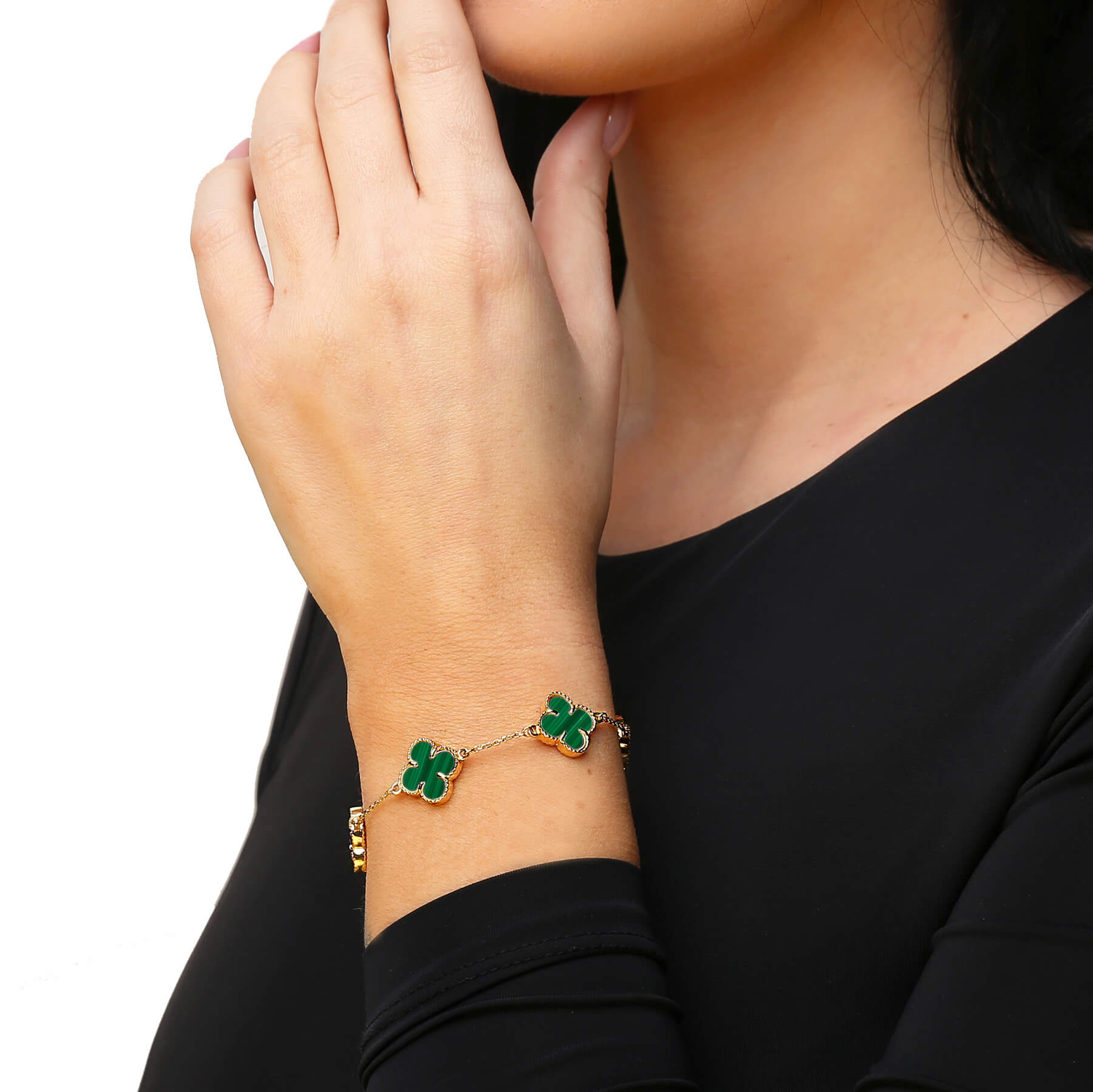 Bransoletka złota duże koniczynki 585 naturalny kamień malachit