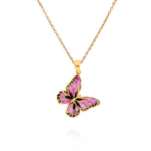 Złota zawieszka motyl 585 fioletowa i czarna emalia