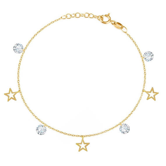 Złota bransoletka 585 gwiazdki i białe cyrkonie 15-17 cm