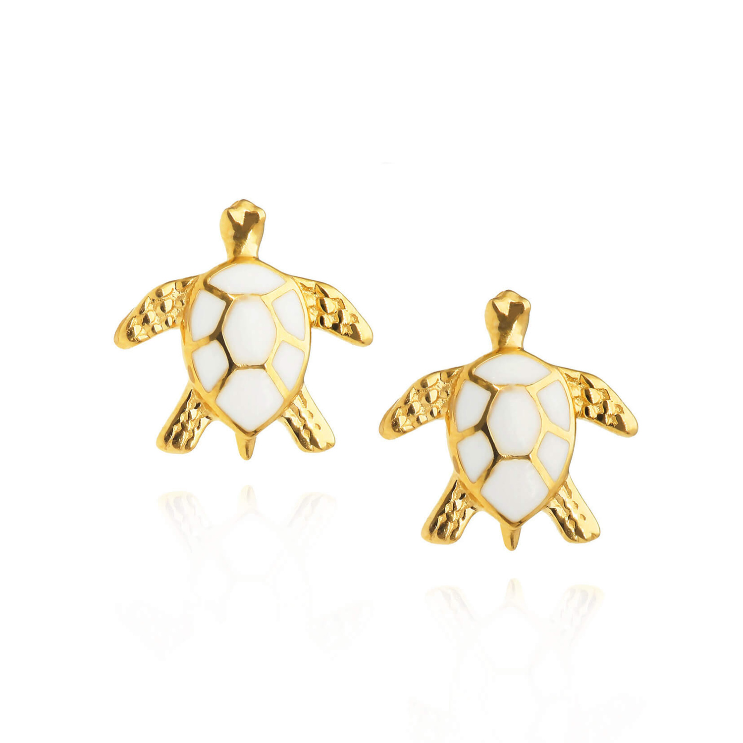 Złote kolczyki żółwie 585 żółwiki biała emalia na sztyft
