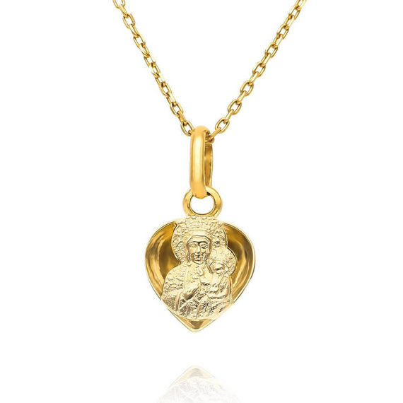 Złoty medalik serce 585 Matka Boska Częstochowska w sercu Jezus Komunia Chrzest 1,6 cm