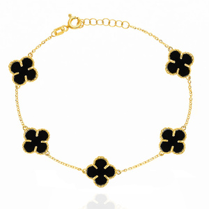 Bransoletka złota koniczynki czarne 585 naturalny kamień onyks 5 koniczynek 10 mm