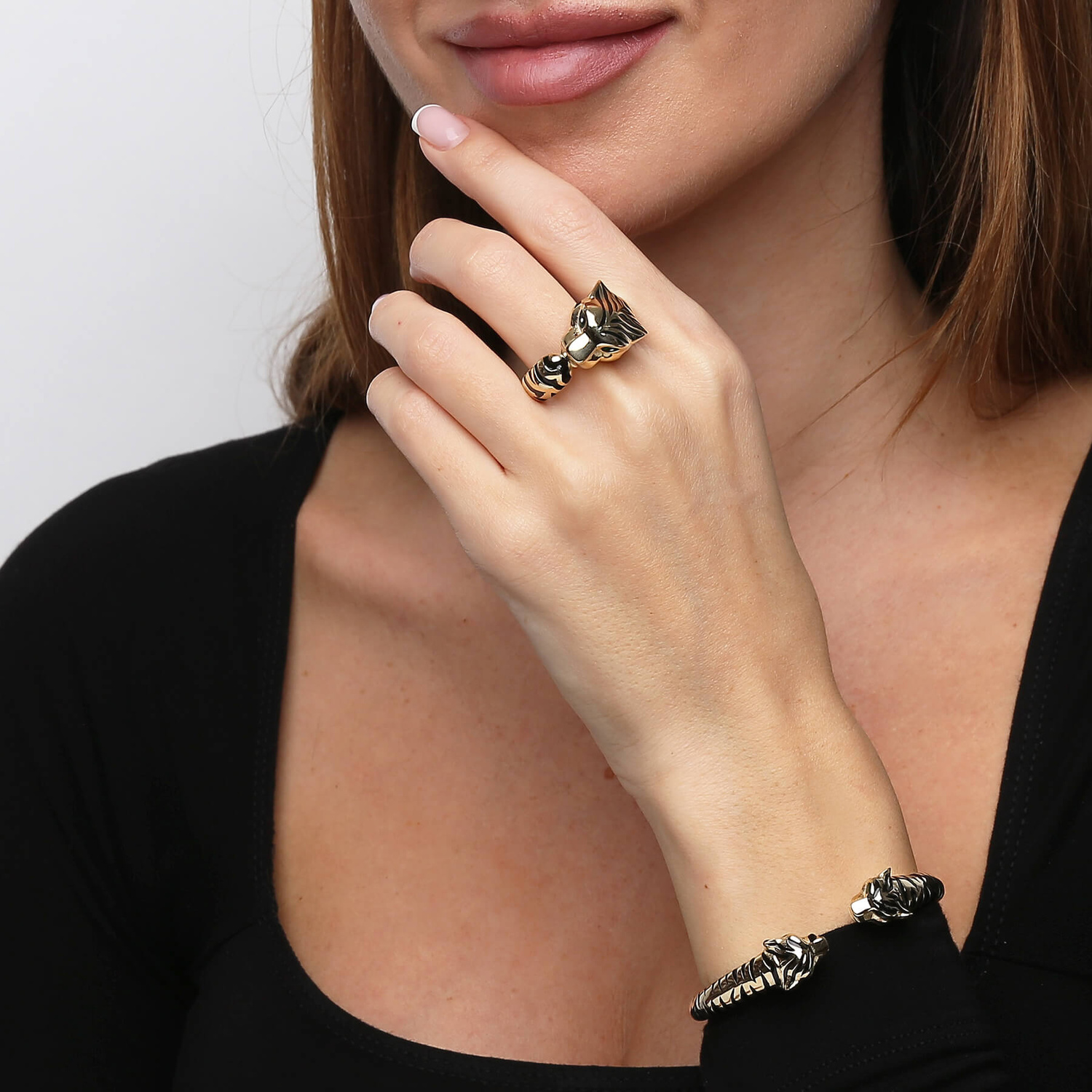 Złoty pierścionek duży tygrys 585 gepard lampart zielone oczy