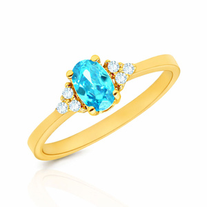 Złoty pierścionek owalna błękitna cyrkonia 585 białe cyrkonie