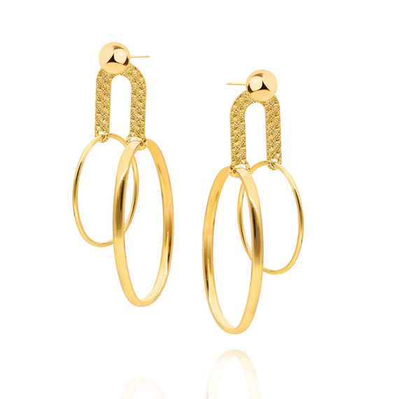 Złote kolczyki wiszące 585 podwójne owalne diamentowane żółte złoto kulka na sztyft