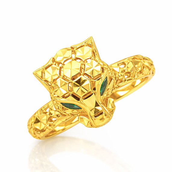 Złoty pierścionek tygrys 585 gepard lampart ażurowy zielone oczy