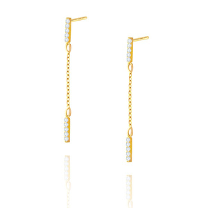 Złote kolczyki wiszące 585 łańcuszek paski z cyrkoniami na sztyft 