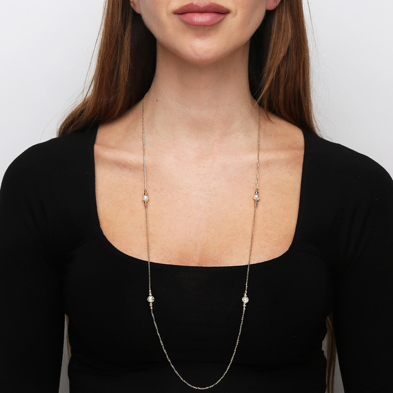 Złoty naszyjnik długi z perłami 585 perły kulki ankier diamentowany 80 cm