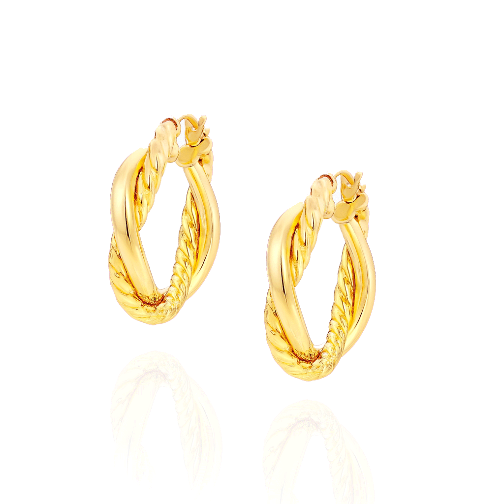 Złote kolczyki koła spiralki podwójne 585 kręcone gładkie fasetowane przeplatane na zatrzask 2,5 cm