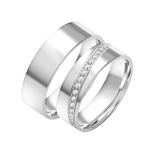 Obrączki ślubne para: białe złoto 585, diamenty, płaskie, 6 mm