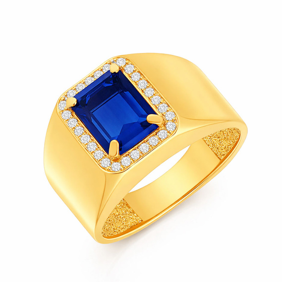Złoty masywny sygnet pierścionek z niebieskim kamieniem 585 cyrkonie