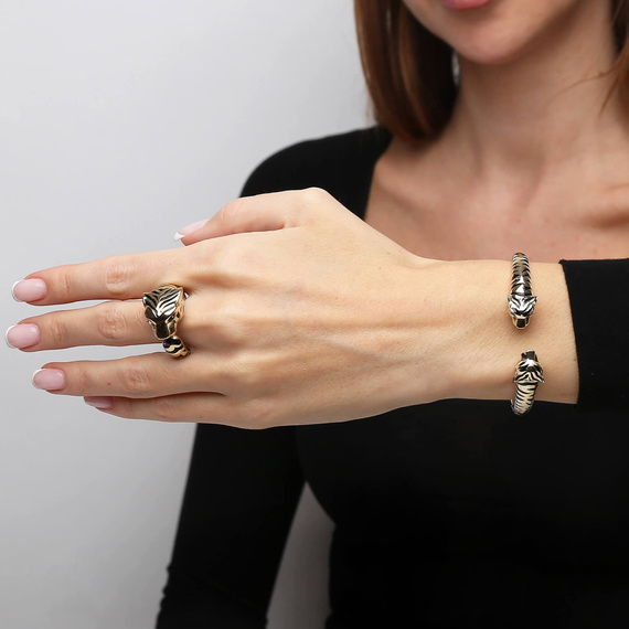 Złota bransoletka 585 sztywna tygrys gepard lampart zielone oczy