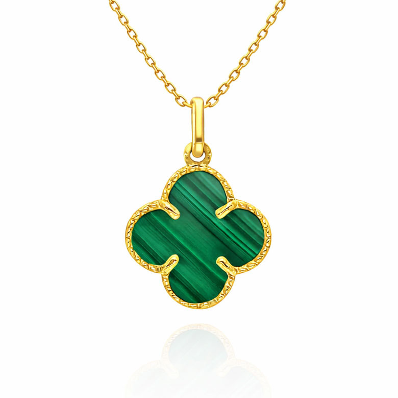 Złota zawieszka duża koniczynka 585 kwiatek zielony malachit naturalny 2 cm