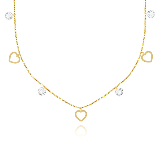 Złoty naszyjnik choker 585 serca i białe cyrkonie 36-40 cm