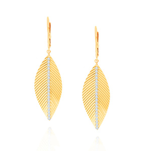 Złote kolczyki długie listki 585 wiszące liście cyrkonie zapięcie angielskie